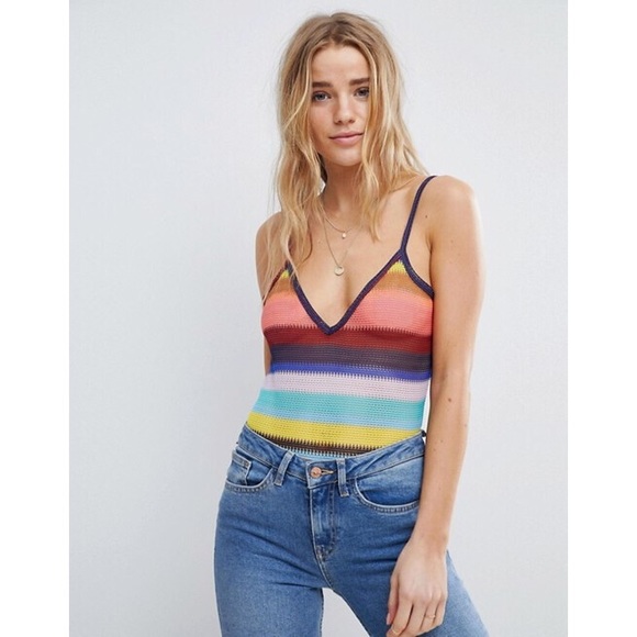 🆕 Honey Punch Mesh Cami Body In Rainbow Stripe - Picture 1 of 6